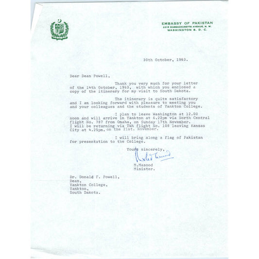 Embassy of Pakistan Official Letterhead Memo M. Masood 1963 TK1-P10