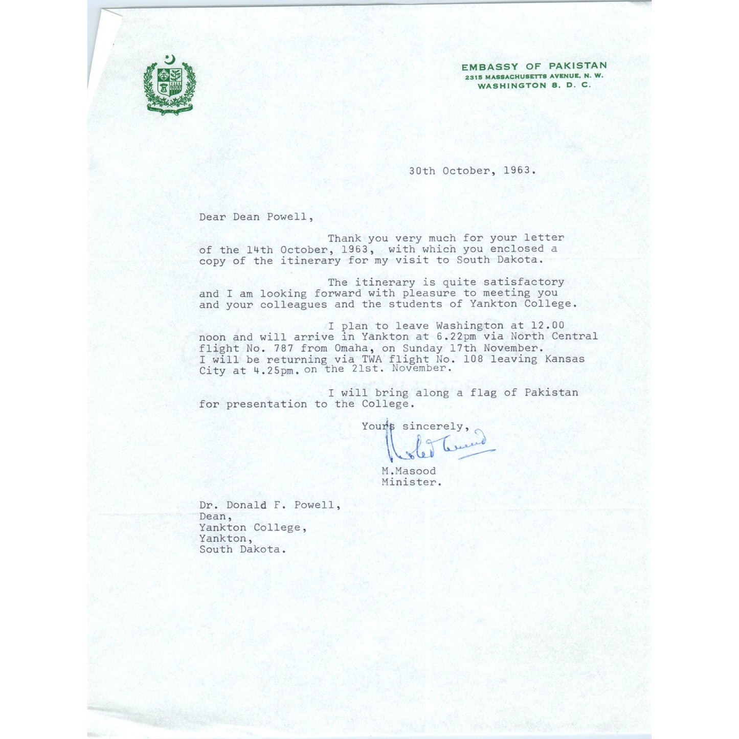 Embassy of Pakistan Official Letterhead Memo M. Masood 1963 B9