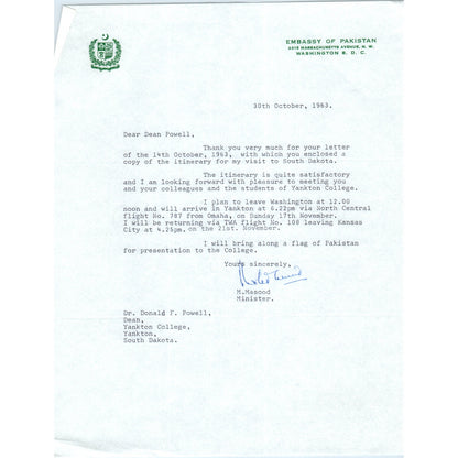 Embassy of Pakistan Official Letterhead Memo M. Masood 1963 B9
