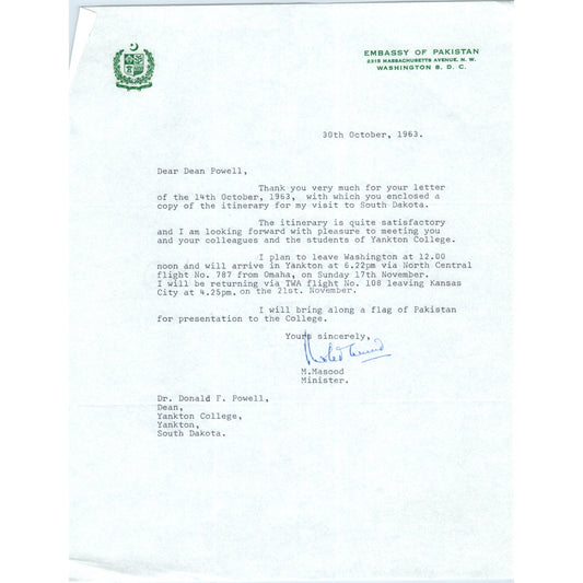 Embassy of Pakistan Official Letterhead Memo M. Masood 1963 B9