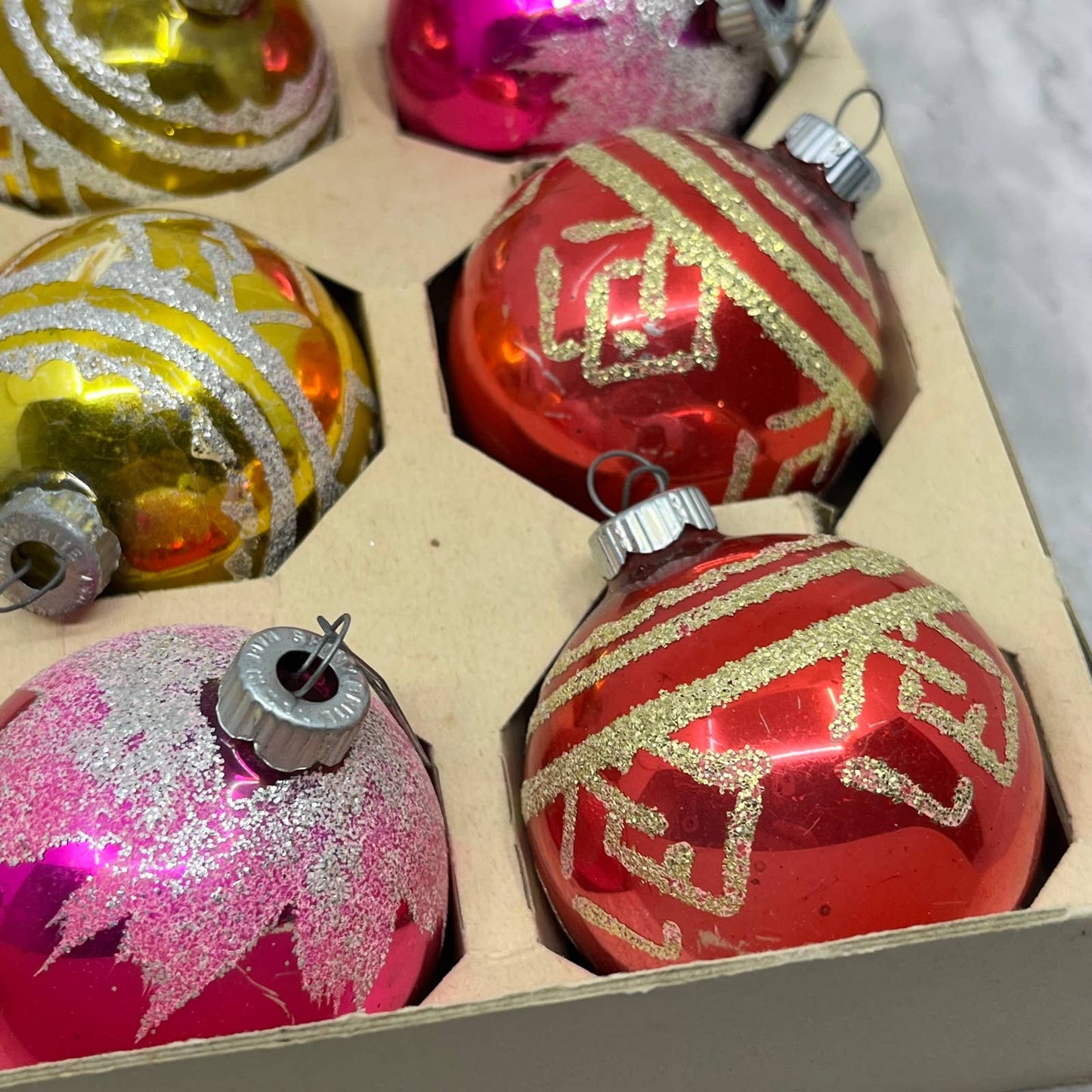 Shiny Brite 12 Vintage 2 1/4" Mercury Glass Ornaments Mica Stencil OT2