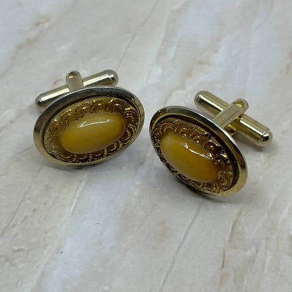 Gold Tone and Cream Oval Cufflinks Vintage Men's Jewelry TC5-S3