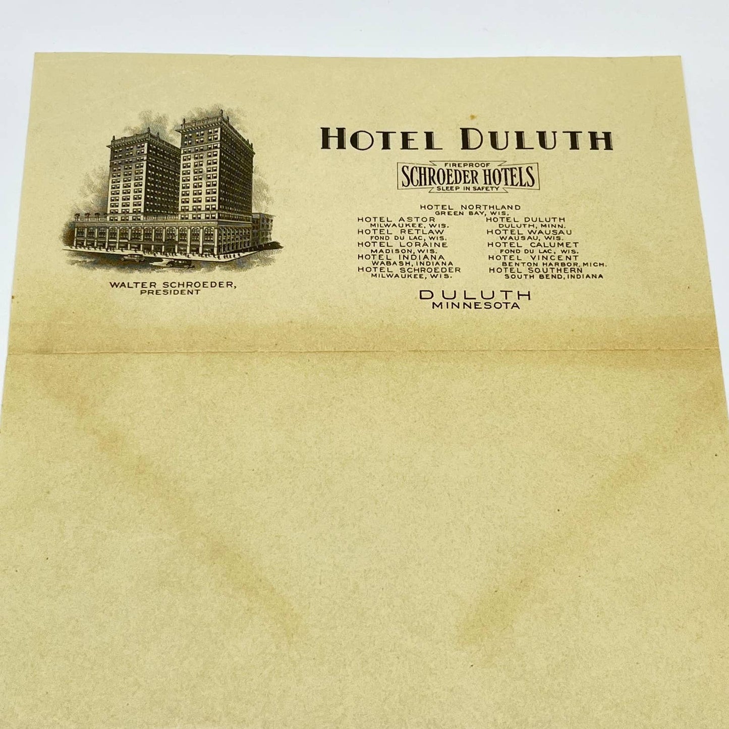 1920s Hotel Duluth Envelope & Letterhead Schroeder Hotels Duluth MN SC9