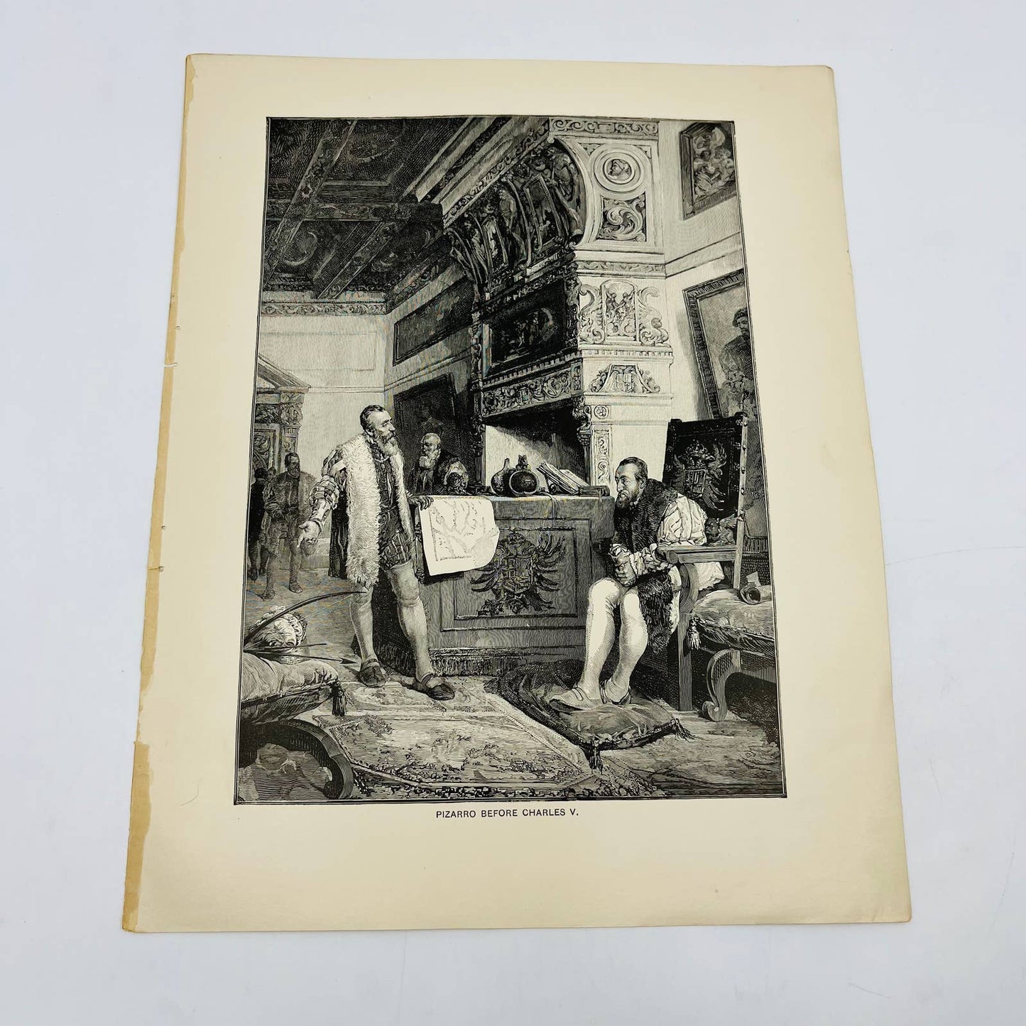 1880s Victorian Art Print Engraving Prescott PIZZARO BEFORE CHARLES V