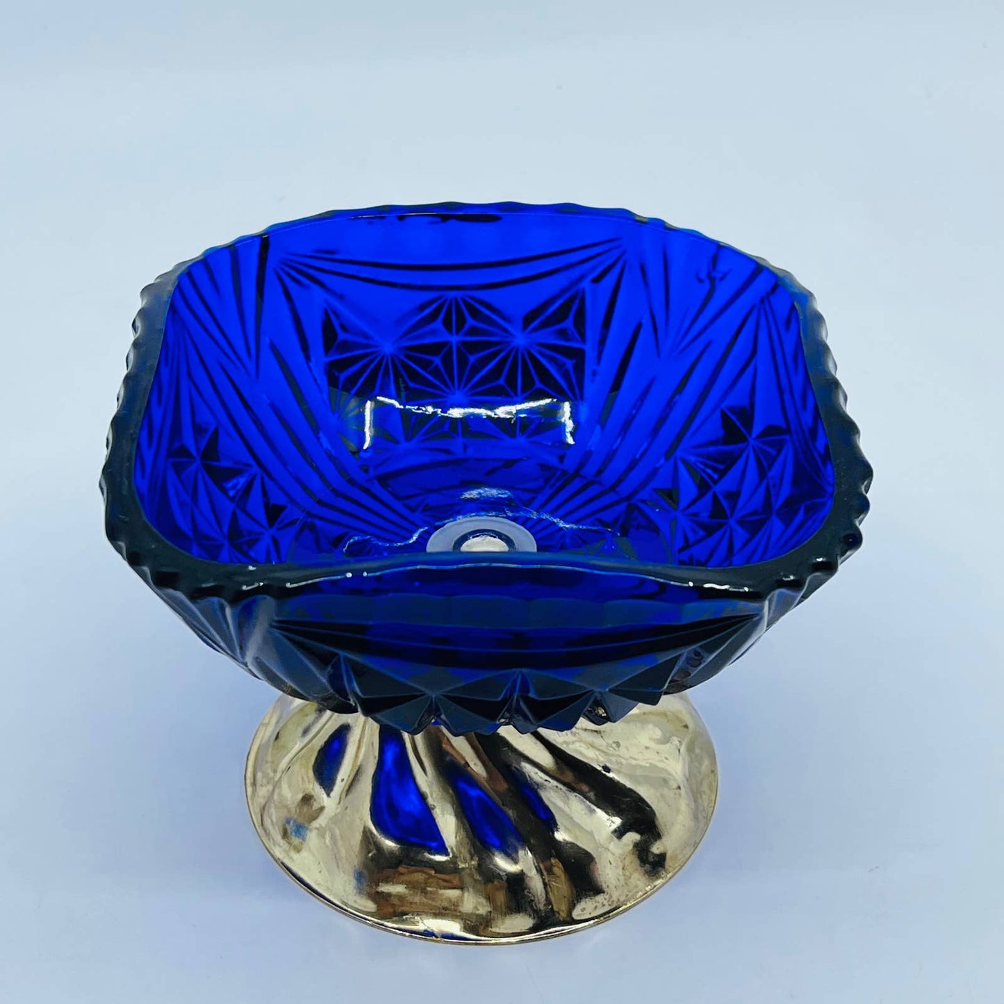 Vintage Cobalt Blue Cut Glass Silver Tone Footed Compote Dish 3.5 x 4.5” TD7