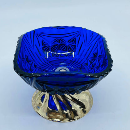 Vintage Cobalt Blue Cut Glass Silver Tone Footed Compote Dish 3.5 x 4.5” TD7
