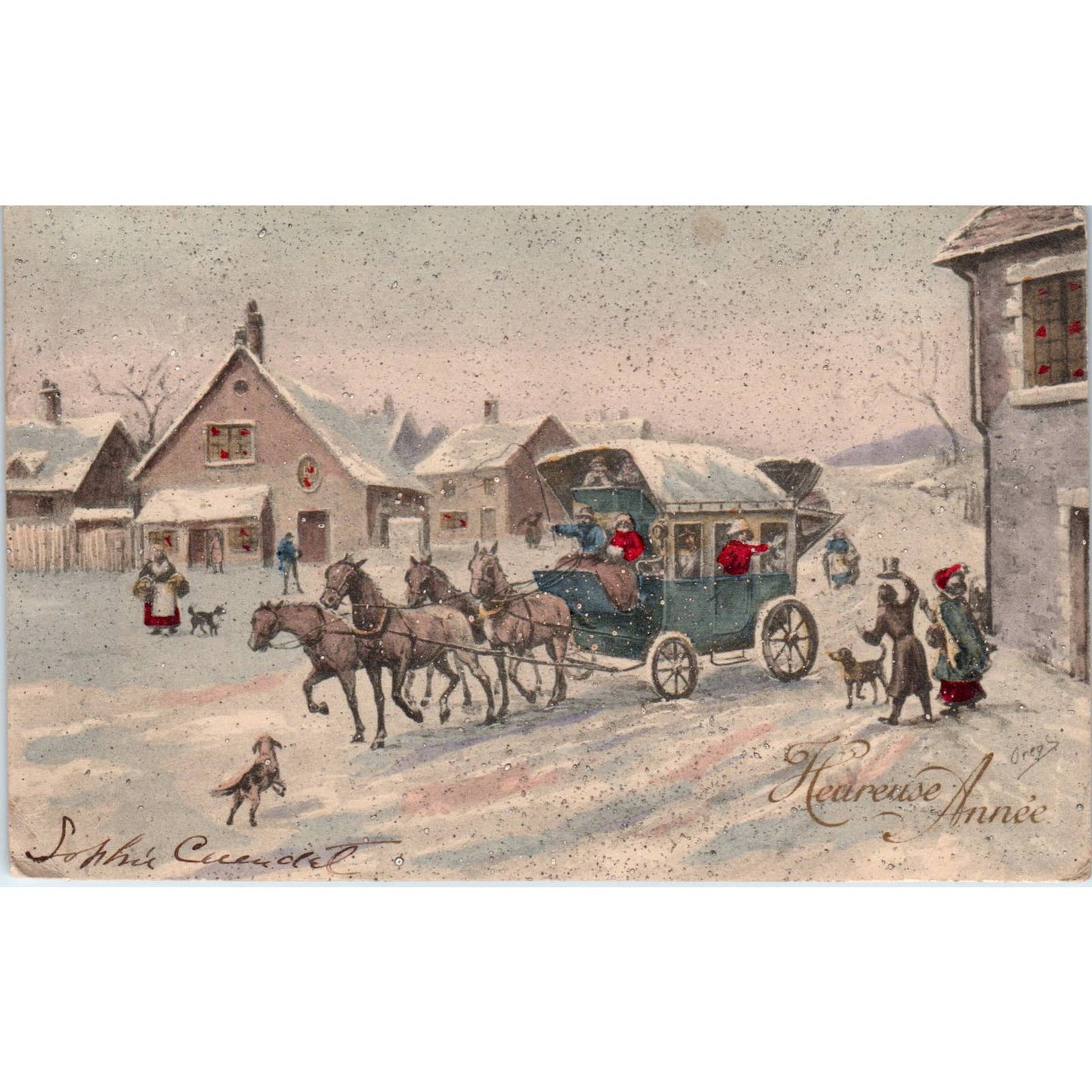 Antique Postcard French Christmas Card Horse Drawn Carriage Snow Mica SE5
