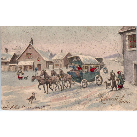 Antique Postcard French Christmas Card Horse Drawn Carriage Snow Mica SE5