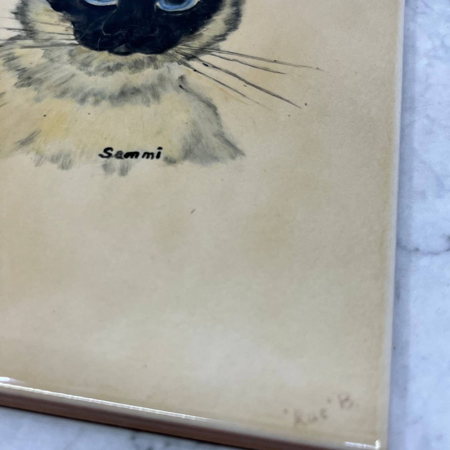 Vintage Original Art Hand Painted Siamese Cat on Tile Sami 8x6” TB6