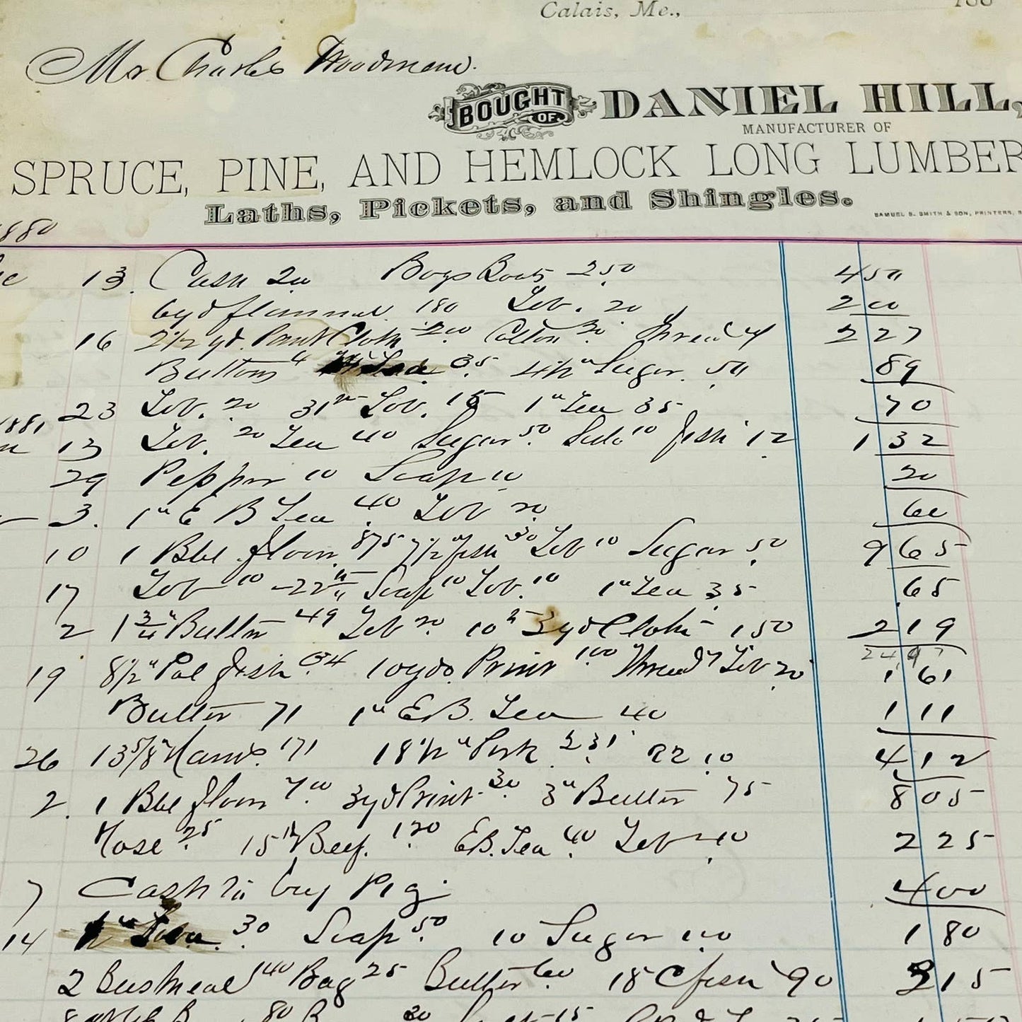 1881 Daniel Hill Lumber Calais Maine Billhead Letterhead Receipt AA4