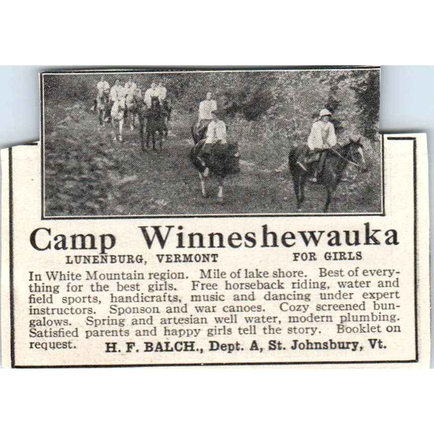 c1920 Harper's Magazine Ad - Camp Winneshewauka Lunenberg VT H.F. Balch EA3-2