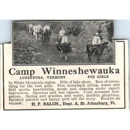 c1920 Harper's Magazine Ad - Camp Winneshewauka Lunenberg VT H.F. Balch EA3-2