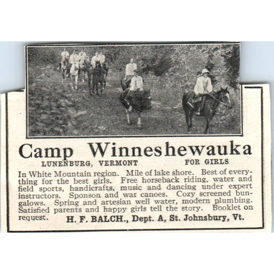 c1920 Harper's Magazine Ad - Camp Winneshewauka Lunenberg VT H.F. Balch EA3-2