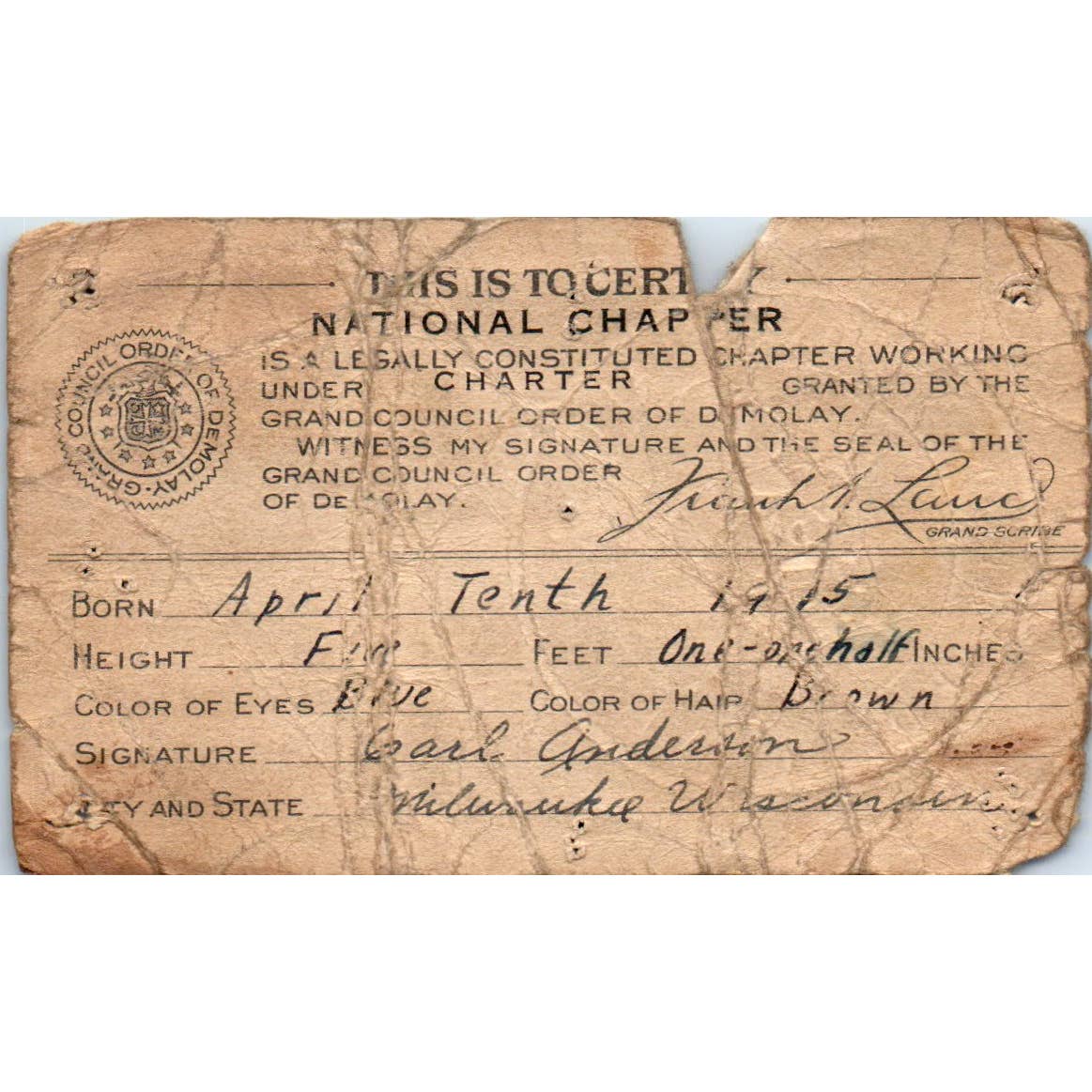 1915 Order of DeMolay Membership Card Milwaukee WI Carl Anderson SE5