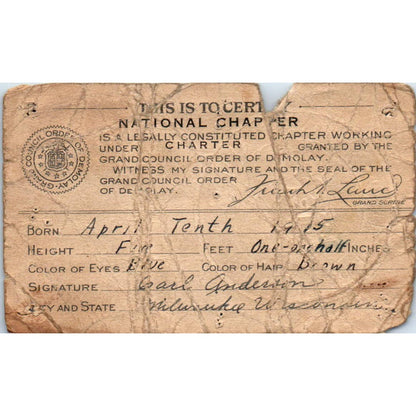 1915 Order of DeMolay Membership Card Milwaukee WI Carl Anderson SE5