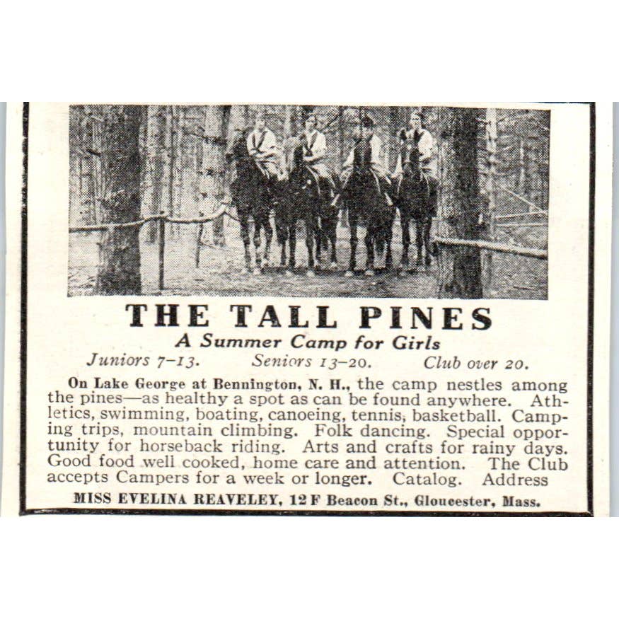c1920 Harper's Ad Tall Pines Camp for Girls Evelina Reaveley Gloucester EA3-1