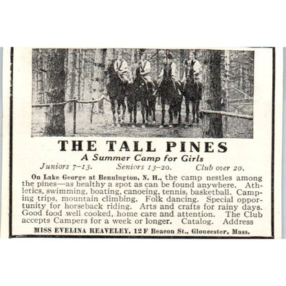 c1920 Harper's Ad Tall Pines Camp for Girls Evelina Reaveley Gloucester EA3-1