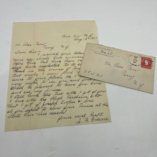 1907 Postal Cover & Letter Pine City to Perry NY Charles Bun AA6