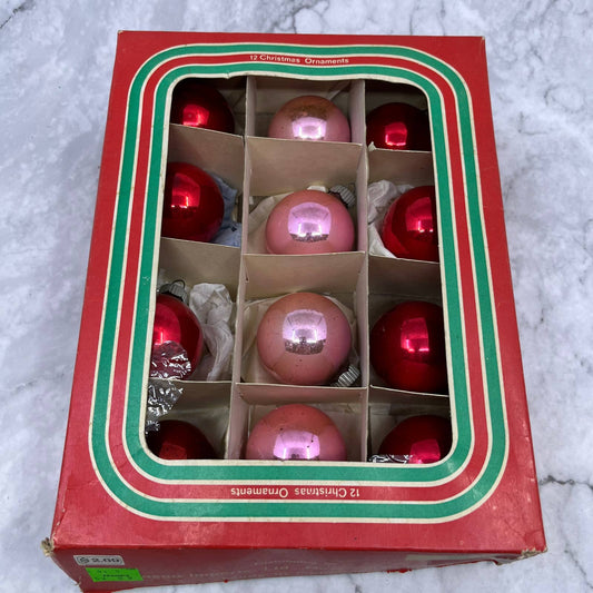 Andes 12 Vintage Mercury Glass Ornaments With Original Box Red Pink 1 7/8"
