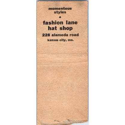 Fashion Lane Hat Shop Kansas City MO Advertising Matchbook Cover SA9-M4