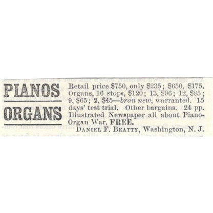 Pianos & Organs Daniel F. Beatty Washington NJ - Ad 1878 Original TJ7-L2-2