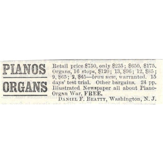 Pianos & Organs Daniel F. Beatty Washington NJ - Ad 1878 Original TJ7-L2-2