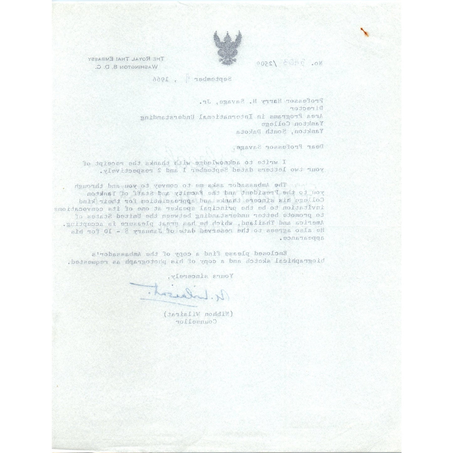 The Royal Thai Embassy Official Letterhead Memo Nibhon Wilairat 1966 B14