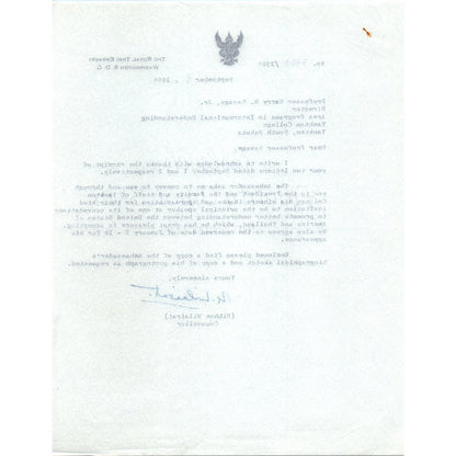 The Royal Thai Embassy Official Letterhead Memo Nibhon Wilairat 1966 B14
