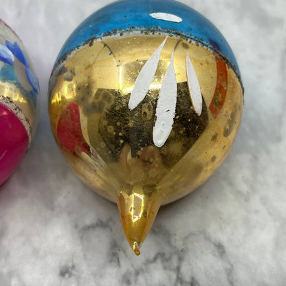 Lot of 2 POLAND Recessed Teardrop Mica Stencil Blown Mercury Glass Ornaments OT2