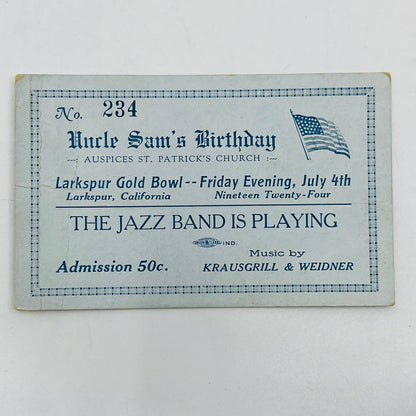 1924 Larkspur CA Gold Bowl 4th of July Jazz Band Ticket Krausgrill & Weidner EA4