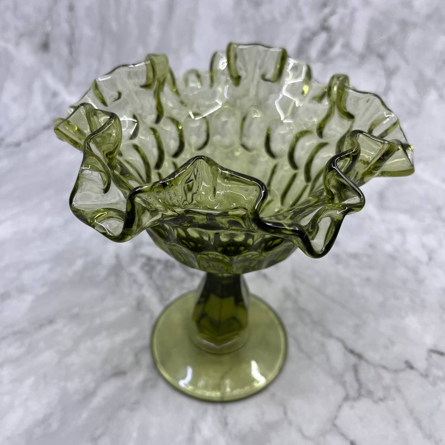 Vintage Fenton Green Ruffled Rim Thumbprint Compote Pedestal Candy Dish 6” TA2