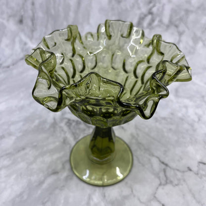 Vintage Fenton Green Ruffled Rim Thumbprint Compote Pedestal Candy Dish 6” TA2