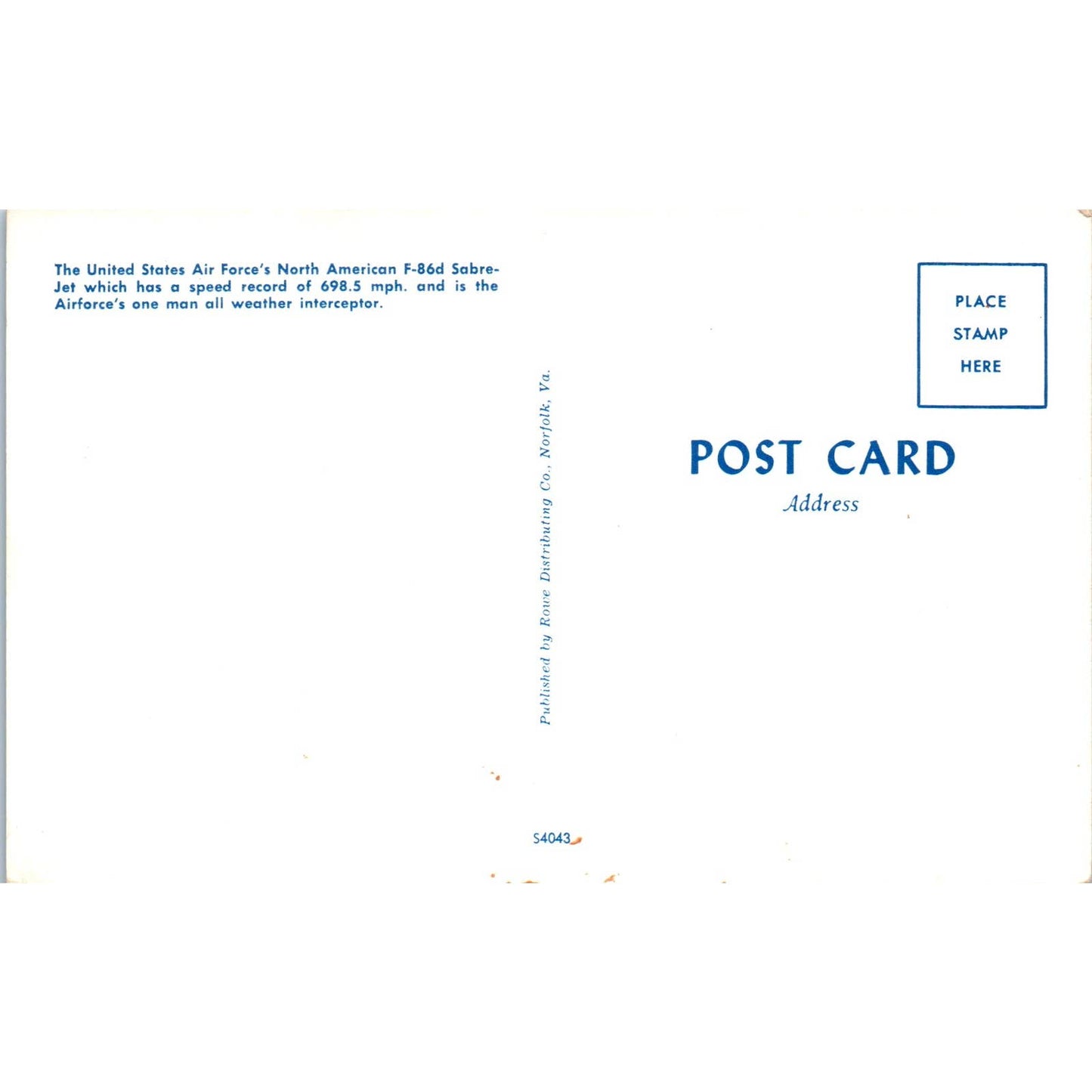 Vintage Postcard North American F-86d Sabre-Jet EA3