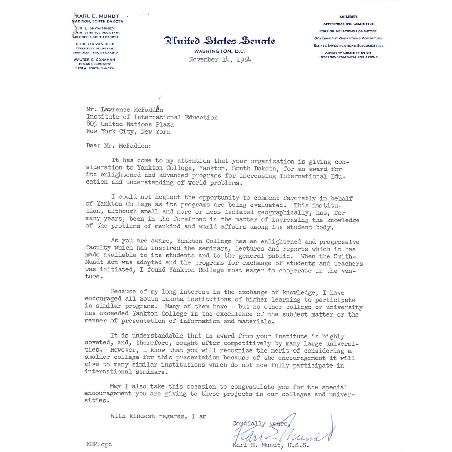South Dakota Senator Karl Mundt Official Letterhead Signed Memo 1964 B11