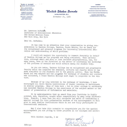 South Dakota Senator Karl Mundt Official Letterhead Signed Memo 1964 B11