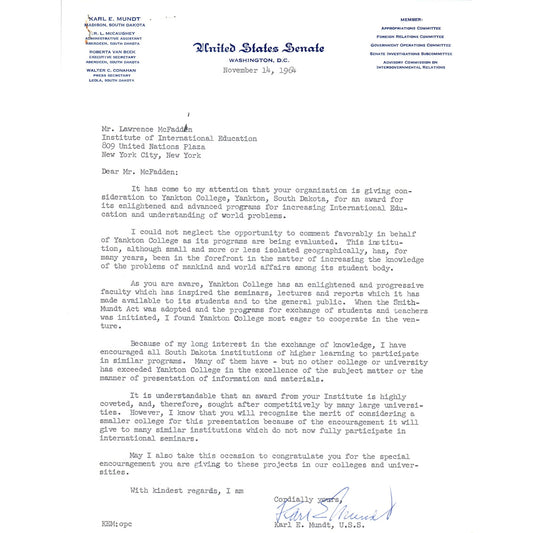 South Dakota Senator Karl Mundt Official Letterhead Signed Memo 1964 B11