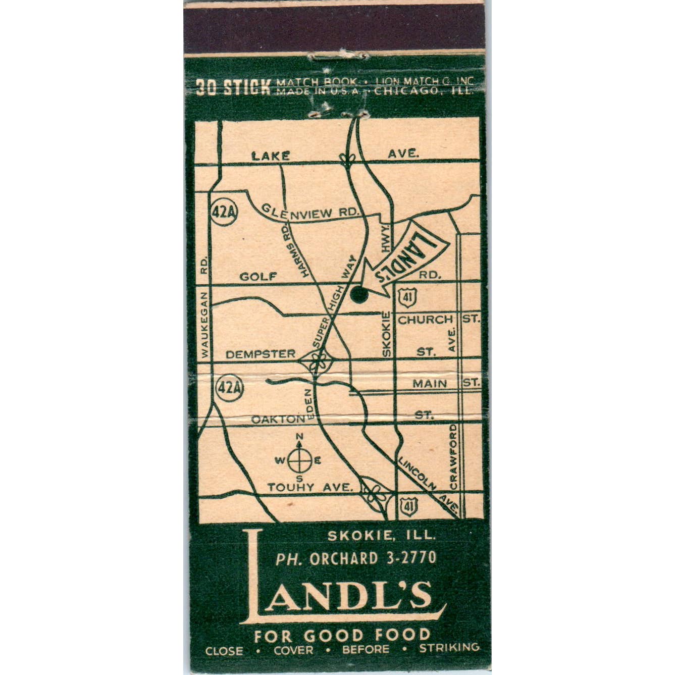 Landl's Restaurant Smokie Illinois Advertising Matchbook Cover SA1-M11