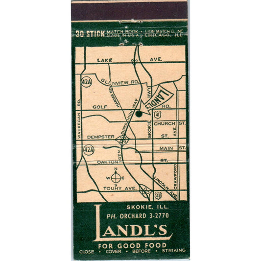Landl's Restaurant Smokie Illinois Advertising Matchbook Cover SA1-M11