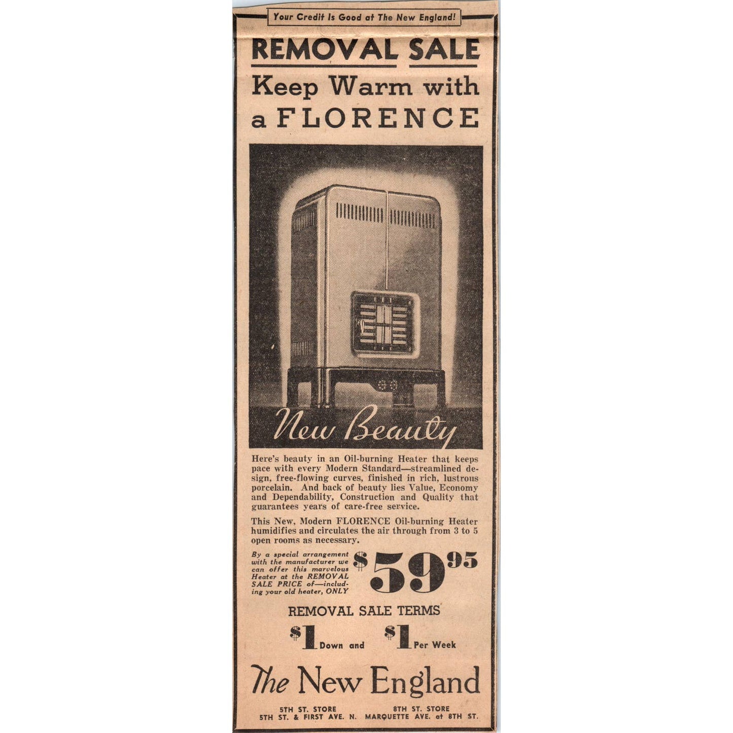 1935 Mpls Newspaper Ad The New England Store Florence Oil Burning Heater FL5-3