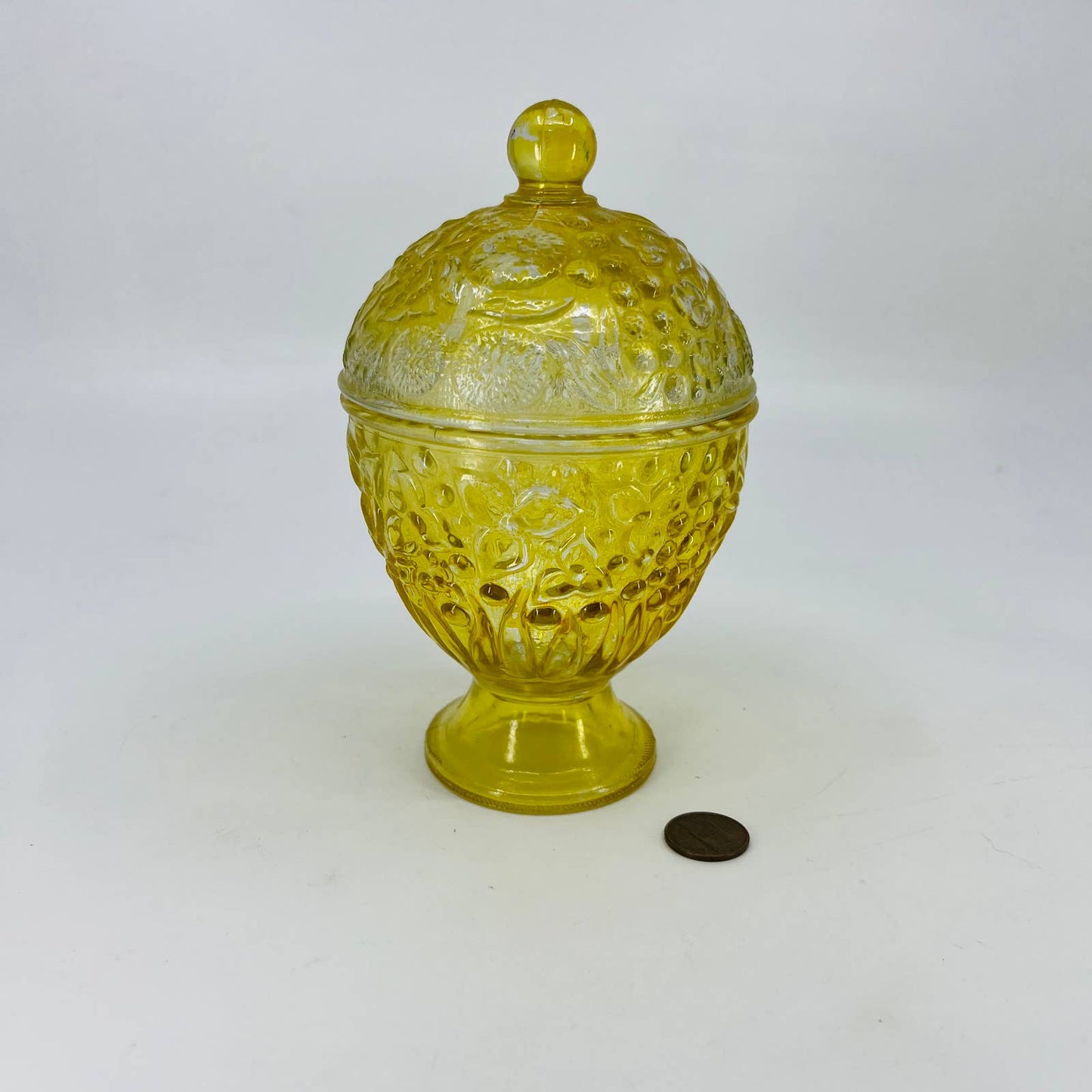 Vintage Avon Yellow Glass Embossed Flower Lidded Footed Compote Dish 6 1/2” TD3