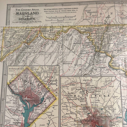 Antique 1897 The Century Atlas Map of Maryland & Delaware Engraved 12.5x17 FL5