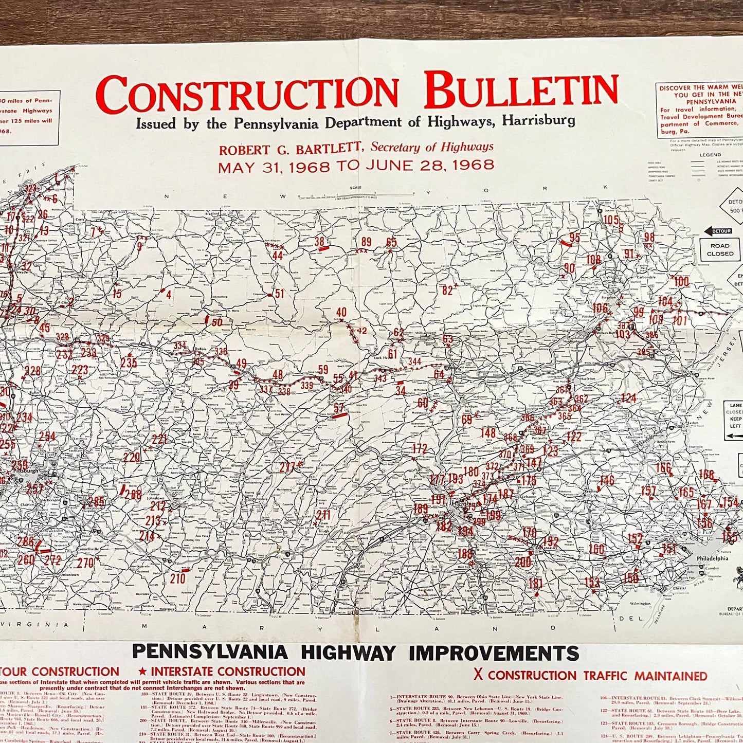 1968 Pennsylvania Construction Map Bulletin Highway Dept. Harrisburg 31x23 D7