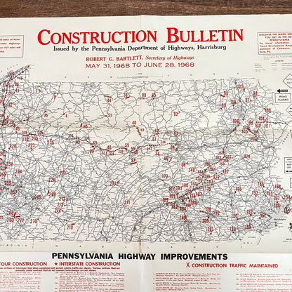 1968 Pennsylvania Construction Map Bulletin Highway Dept. Harrisburg 31x23 D7