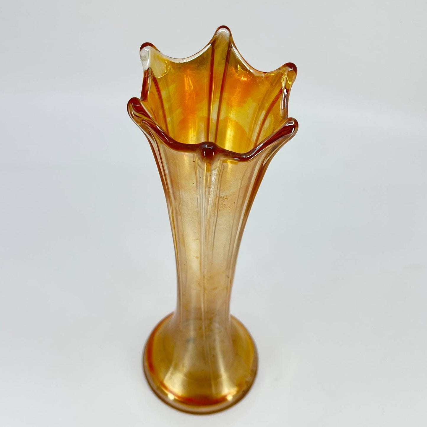 Imperial Glass Marigold Carnival Swung Vase Morning Glory Pattern 8” TD8