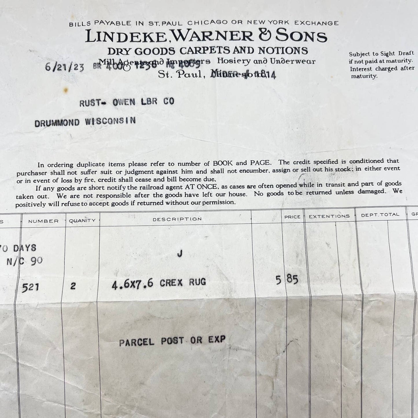 1923 Lindeke, Warner & Sons Dry Goods Letterhead St. Paul MN Rust-Owen Lbr AA7