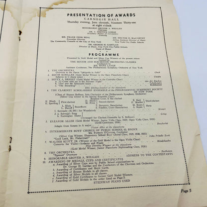 1931 New York Music Week Assn Presentation of Awards Carnegie Hall Program TD6