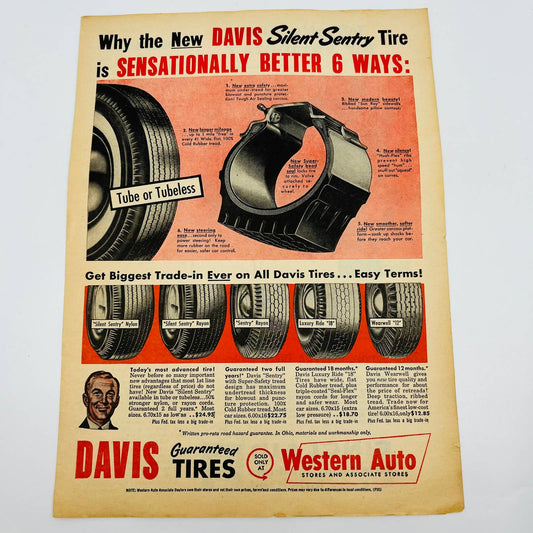 Vintage Advertisement 1940s DAVIS Silent Sentry Tire Western Auto Stores AA1