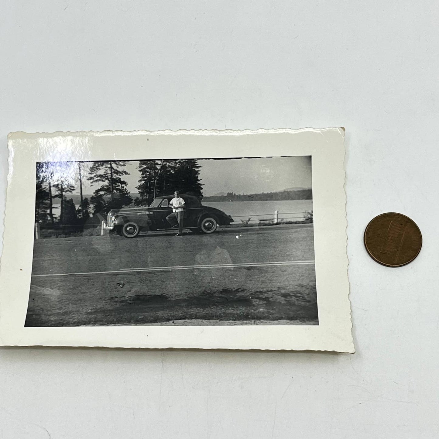 1942 Photograph Man Standing in Front of Paquette Lake Adirondacks NY SC5