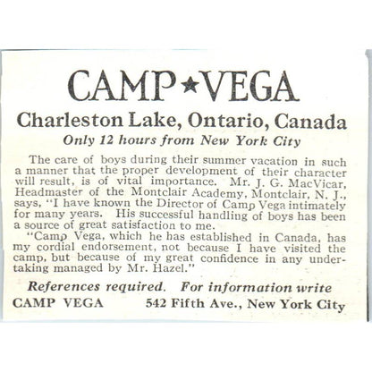 c1920 Harper's Magazine Ad - Camp Vega Charleston Lake Ontario Canada EA3-2