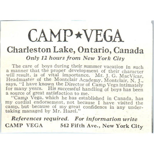 c1920 Harper's Magazine Ad - Camp Vega Charleston Lake Ontario Canada EA3-2